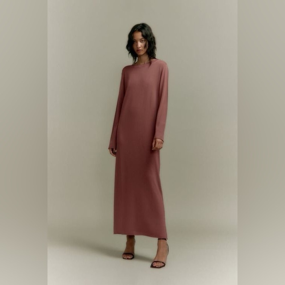 Zara women’s thin knit long sleeve tie back dress dusty rose size xs